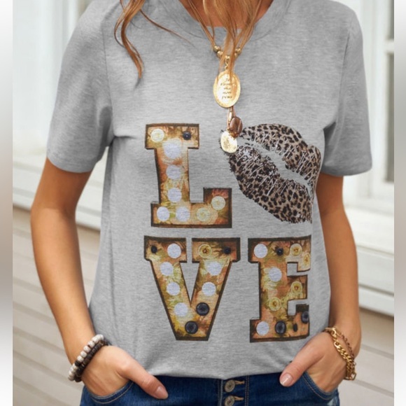 GRAY Crew Neck Cartoon Letter Print Valentine - Picture 2 of 2